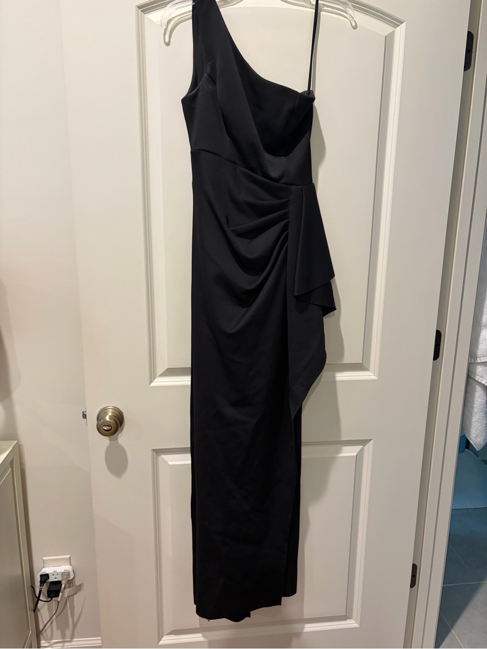 Xscape One-Shoulder Black Draped Evening Gown